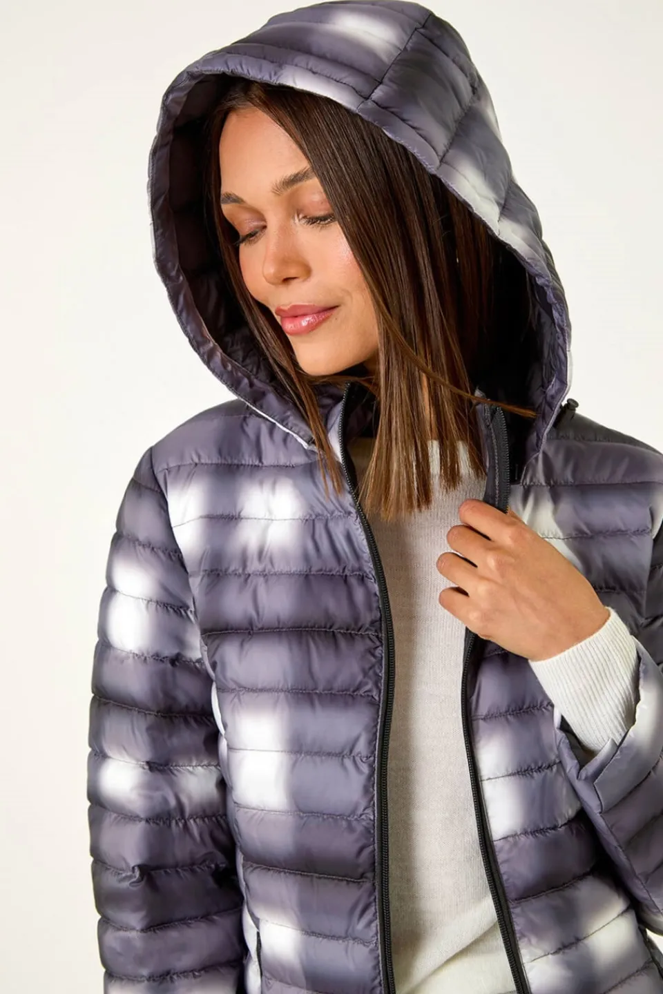 Coats & Jackets>Roman Black Check Print Quilted Puffer Coat