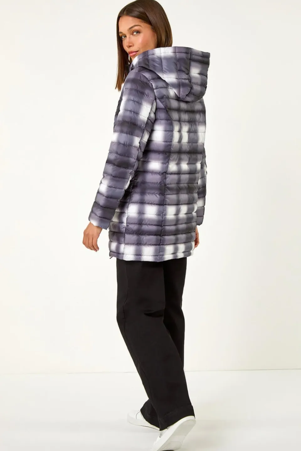Coats & Jackets>Roman Black Check Print Quilted Puffer Coat