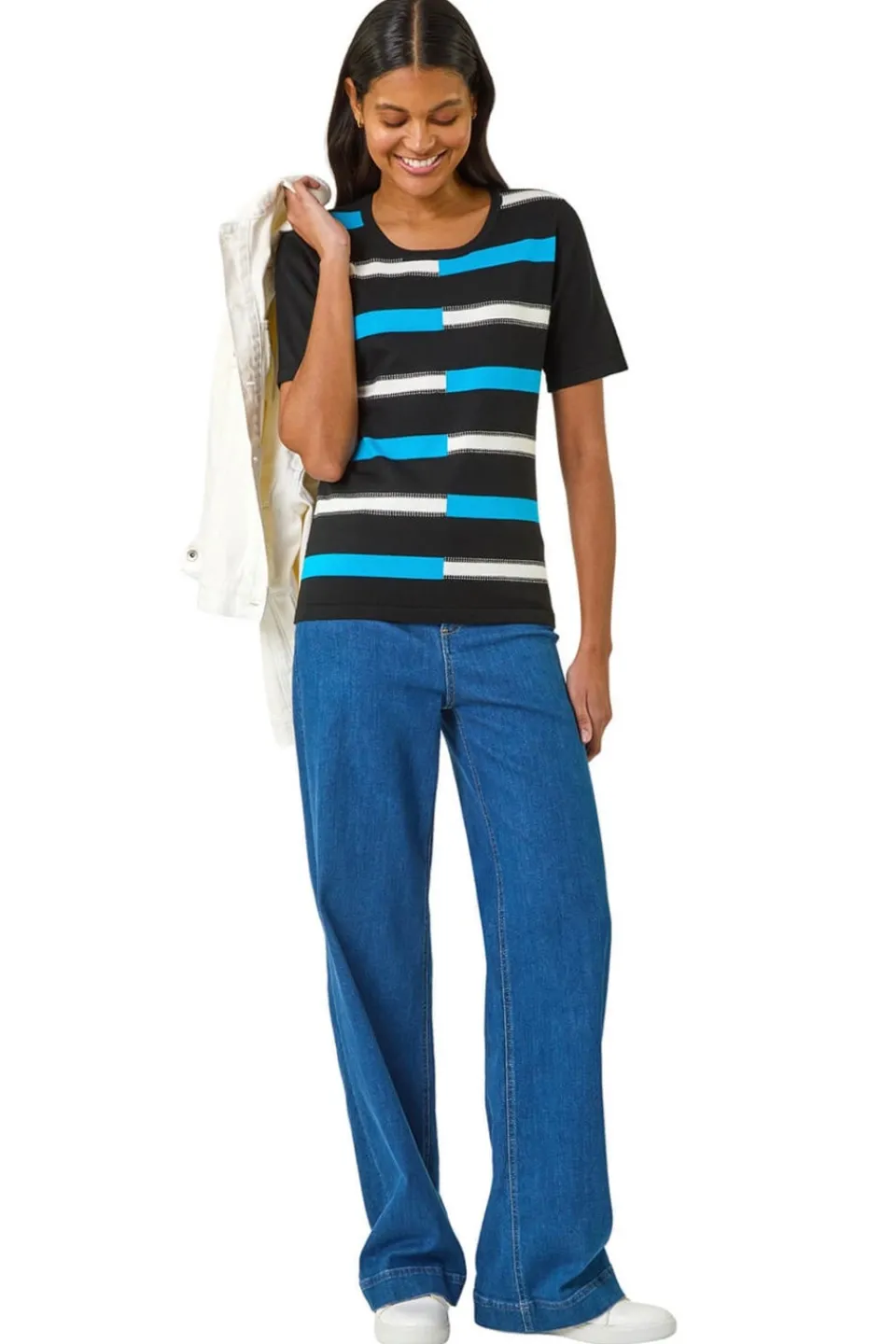 Tops>Roman Black Colour Block Stripe Knit Top