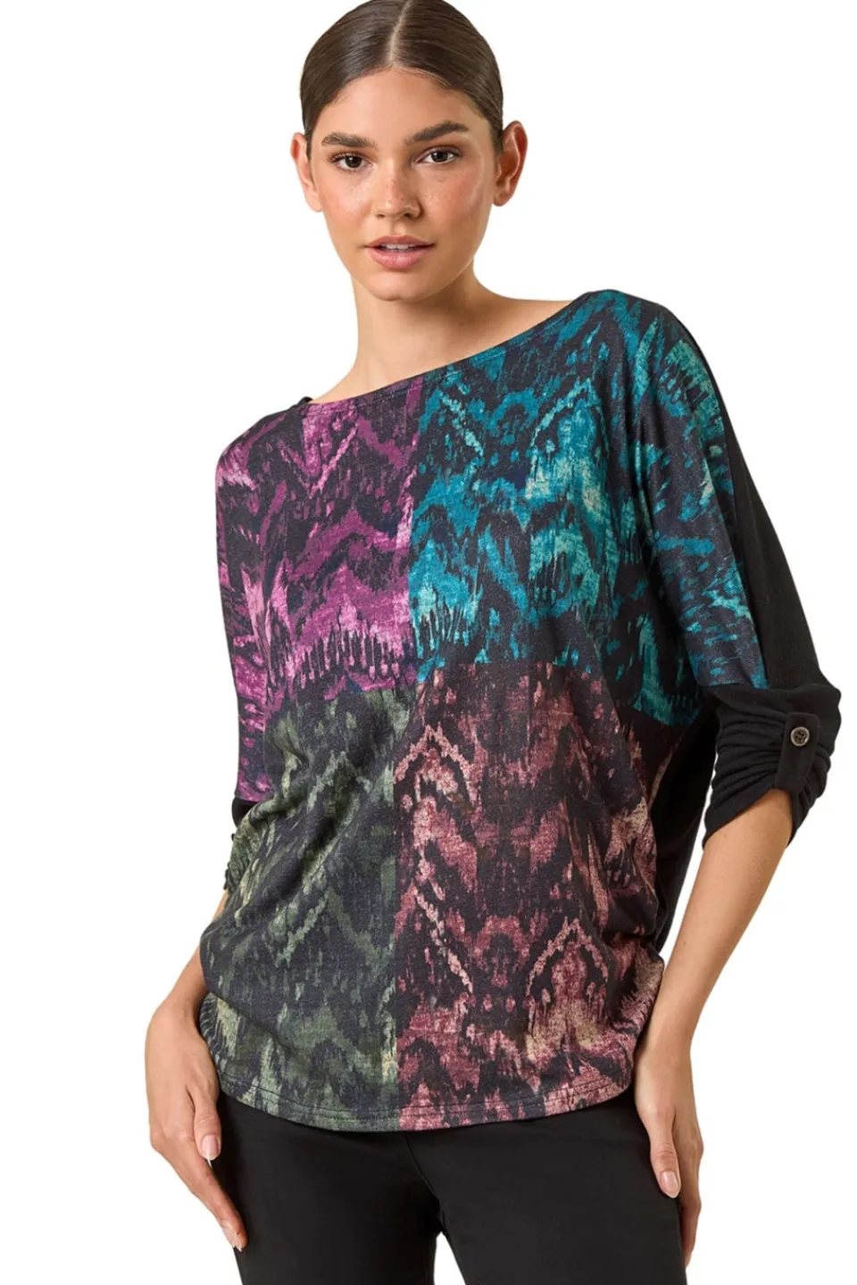 Tops>Roman Black Colour Block Print Stretch Sleeve Top