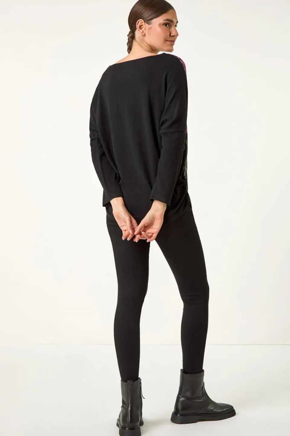 Tops>Roman Black Colour Block Print Stretch Sleeve Top