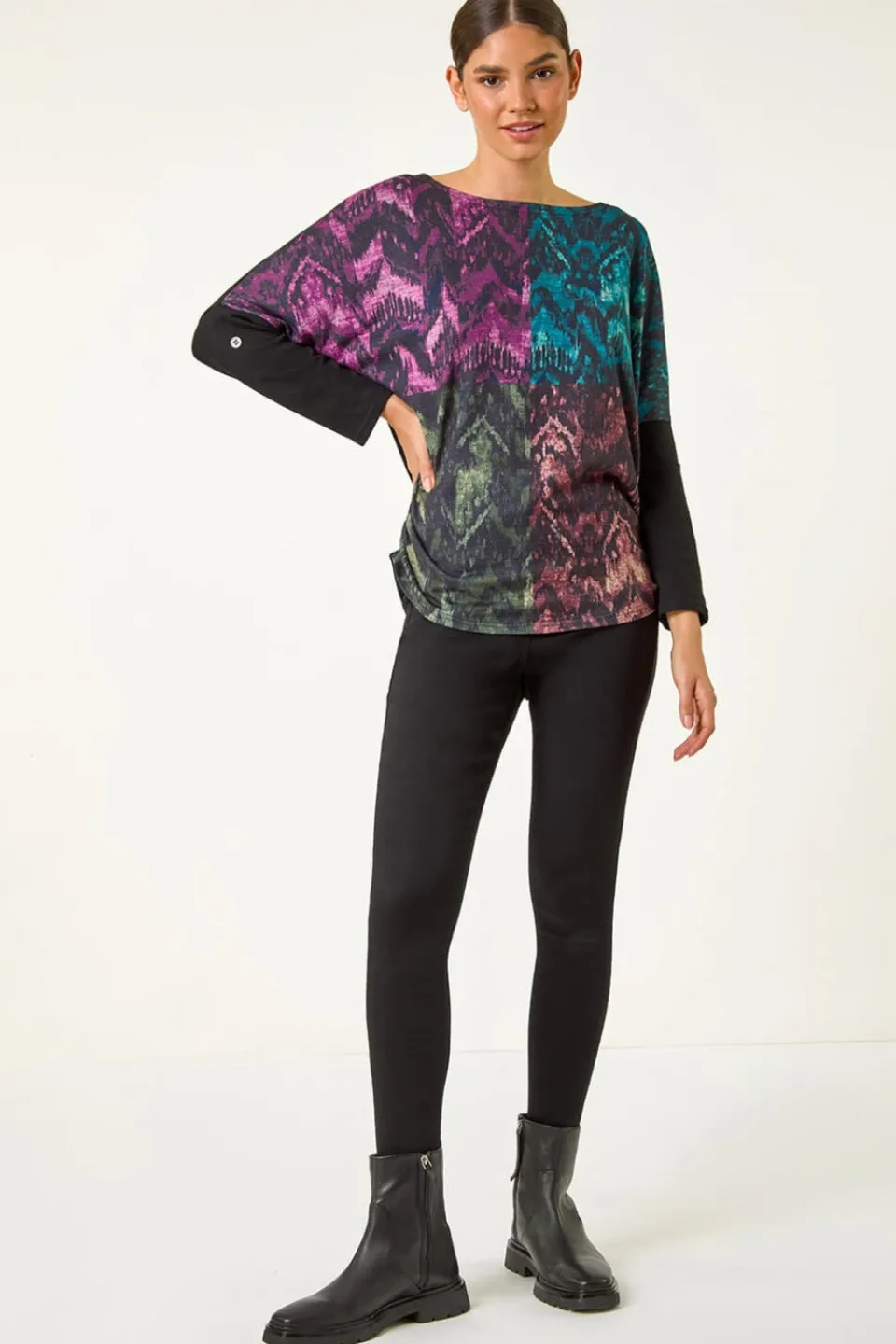 Tops>Roman Black Colour Block Print Stretch Sleeve Top