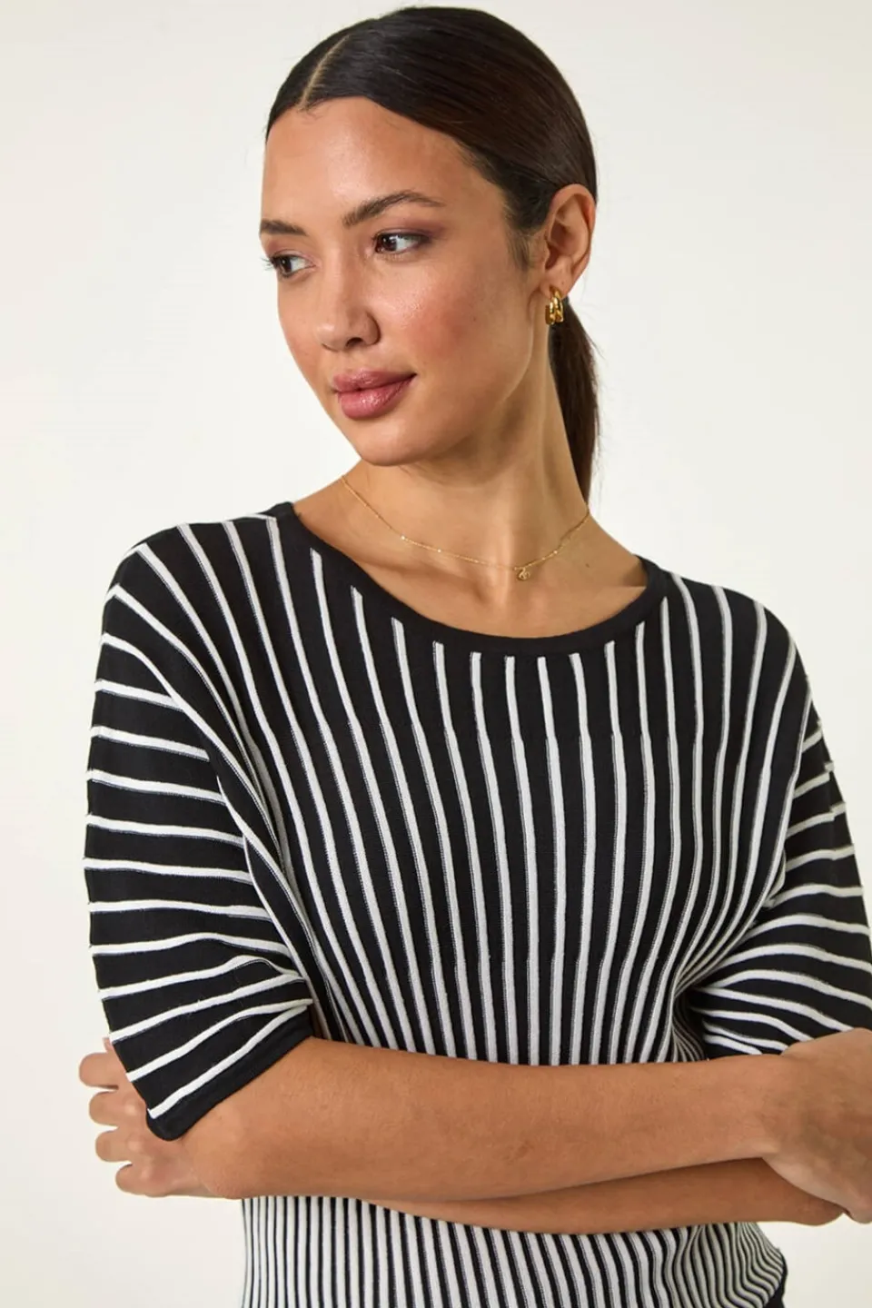 Tops>Roman Black Contrast Stripe Ribbed Knit Jumper