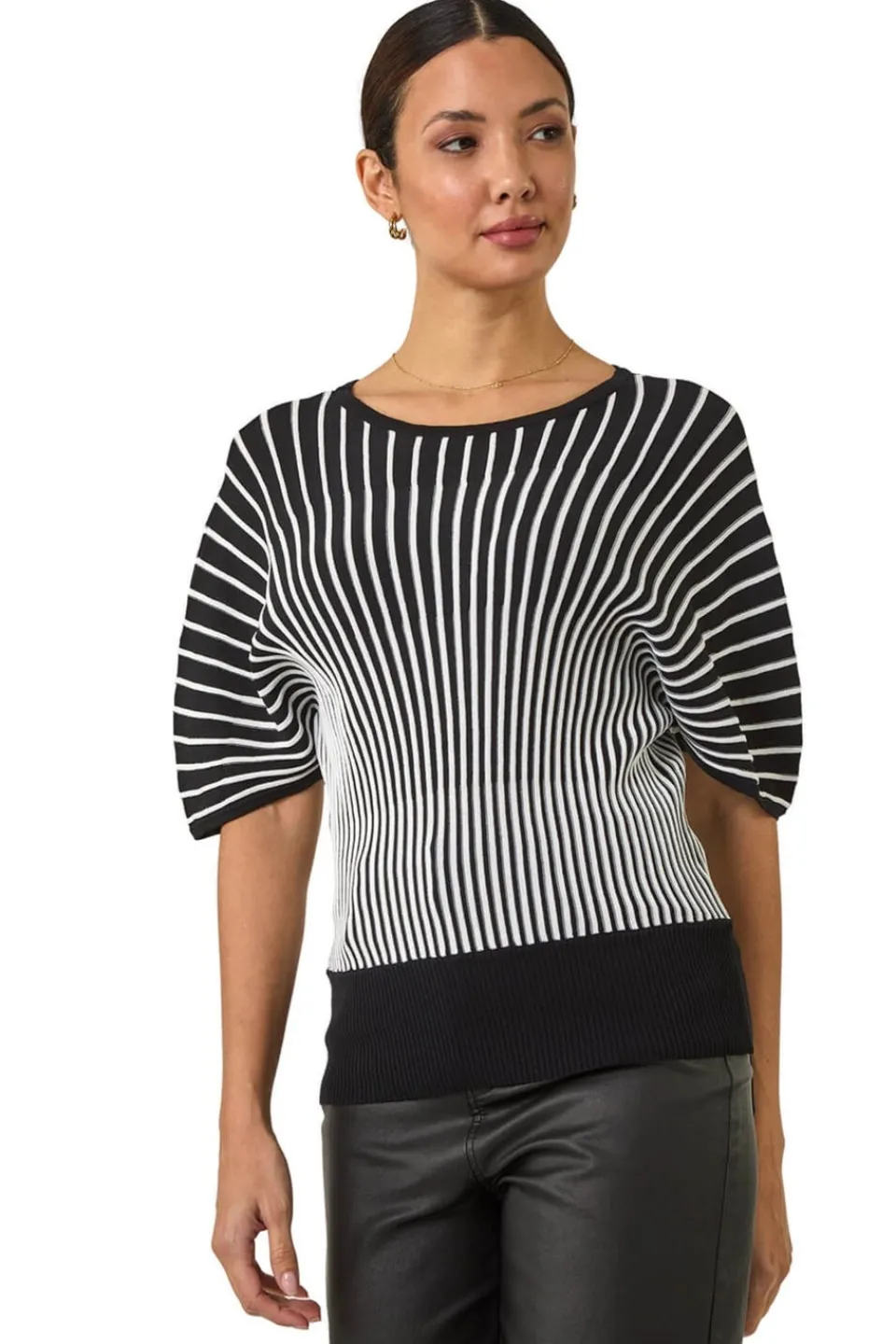 Tops>Roman Black Contrast Stripe Ribbed Knit Jumper