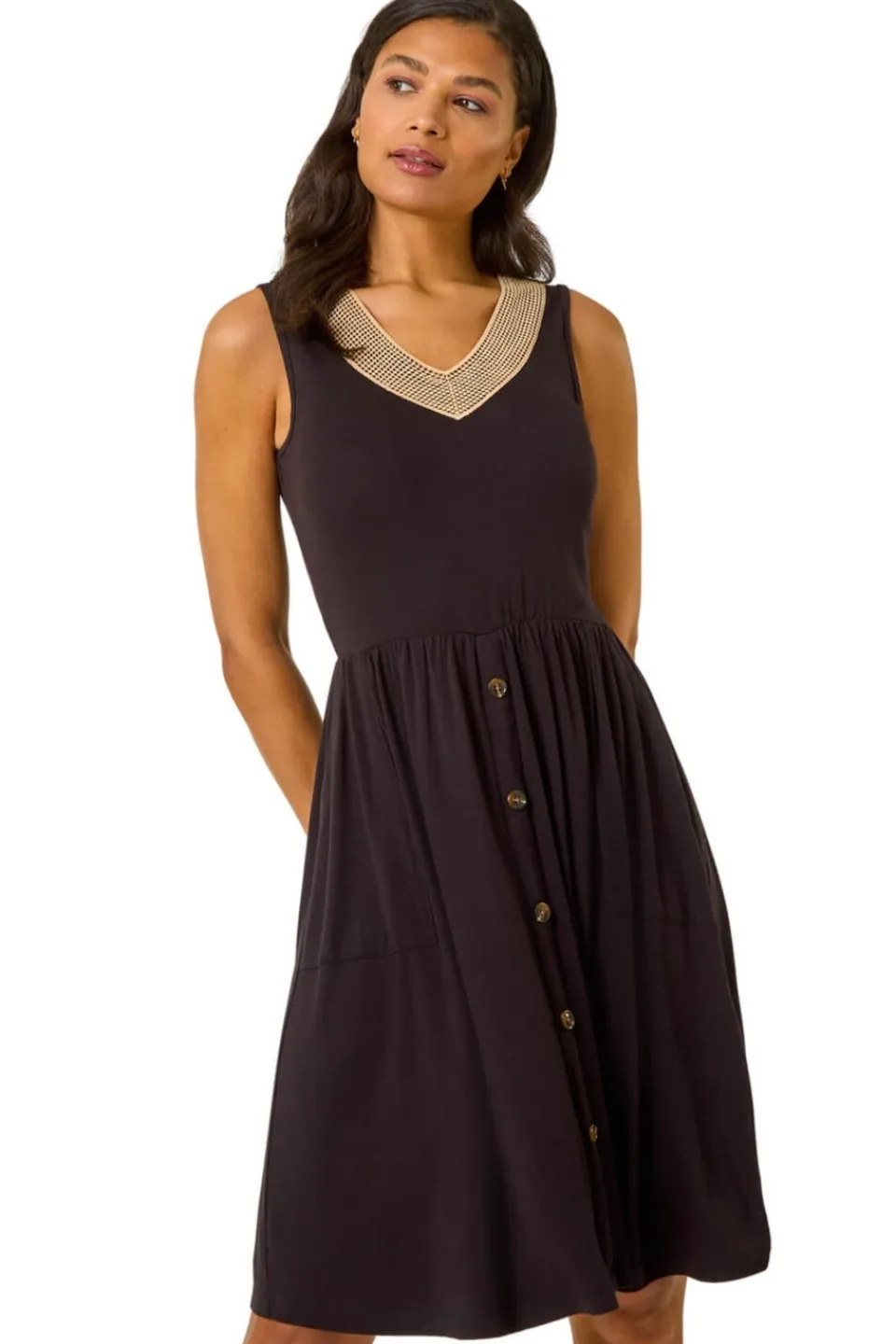Dresses>Roman Black Contrast V Neck Stretch Midi Dress