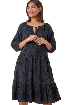 Dresses>Roman Cotton Broderie Tiered Smock Dress Black