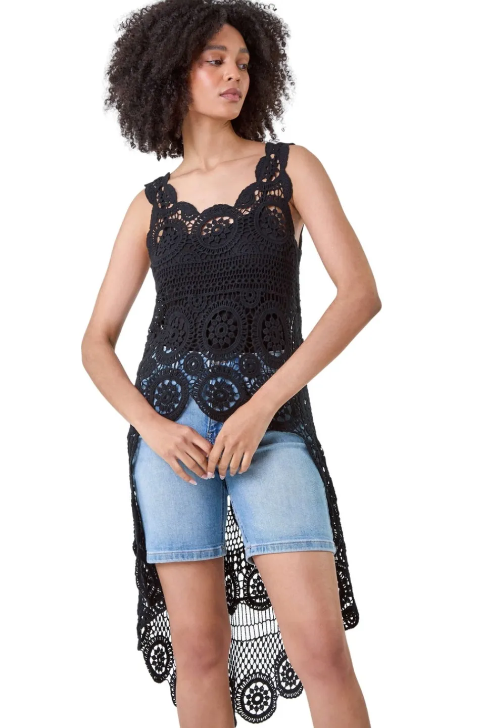 T-Shirts>Roman Black Cotton Crochet Dipped Hem Knit Top