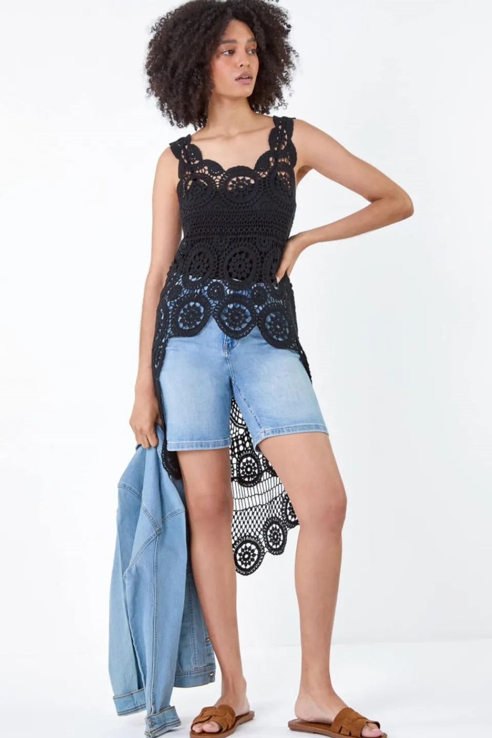 T-Shirts>Roman Black Cotton Crochet Dipped Hem Knit Top