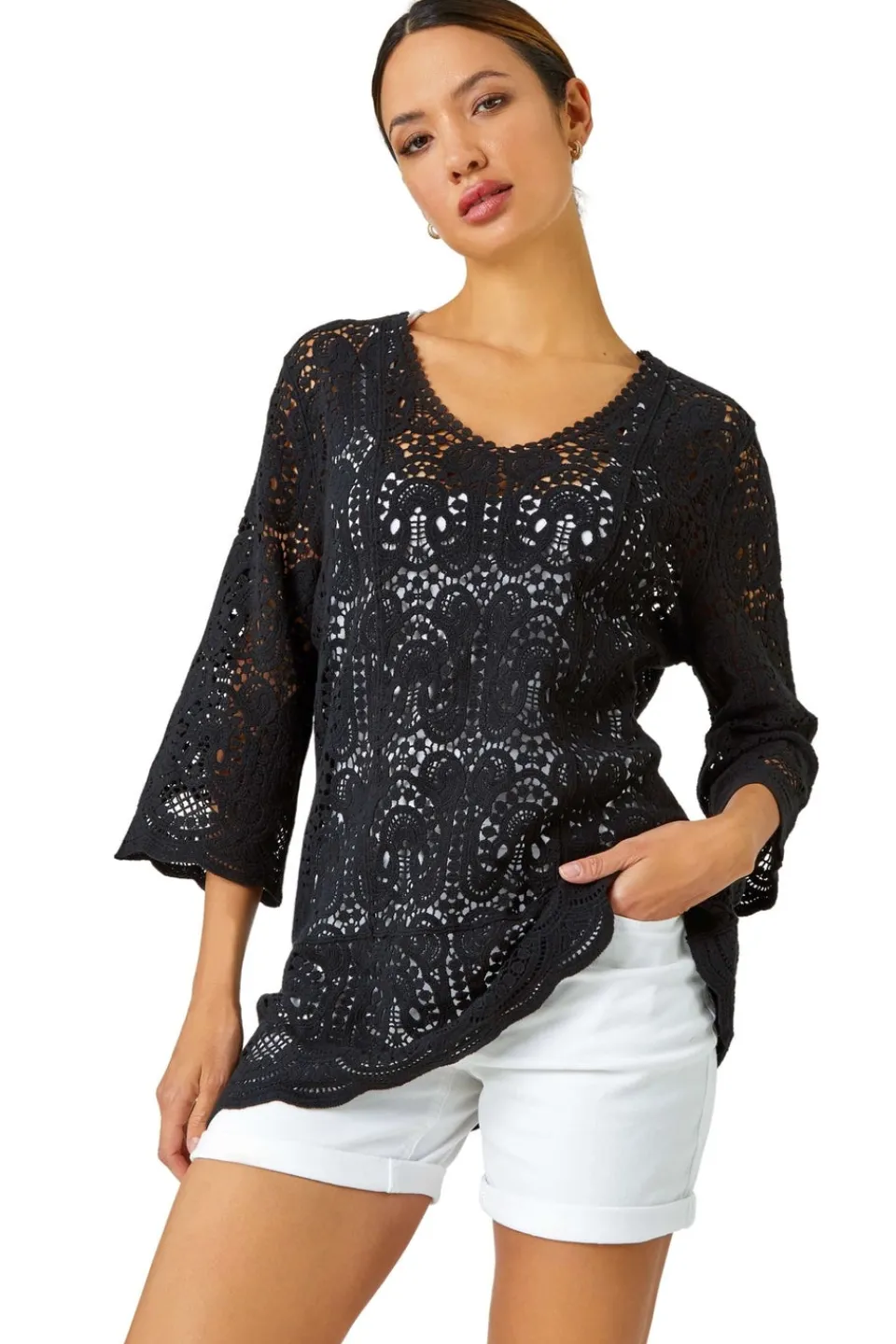 Tops>Roman Cotton Crochet Tunic Top Black