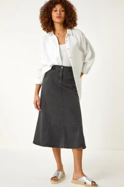 Skirts>Roman Black Cotton Denim Panelled Midi Skirt