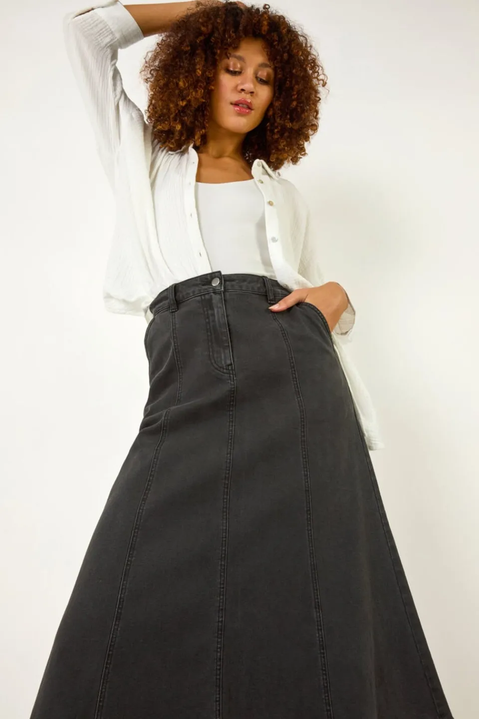 Skirts>Roman Black Cotton Denim Panelled Midi Skirt