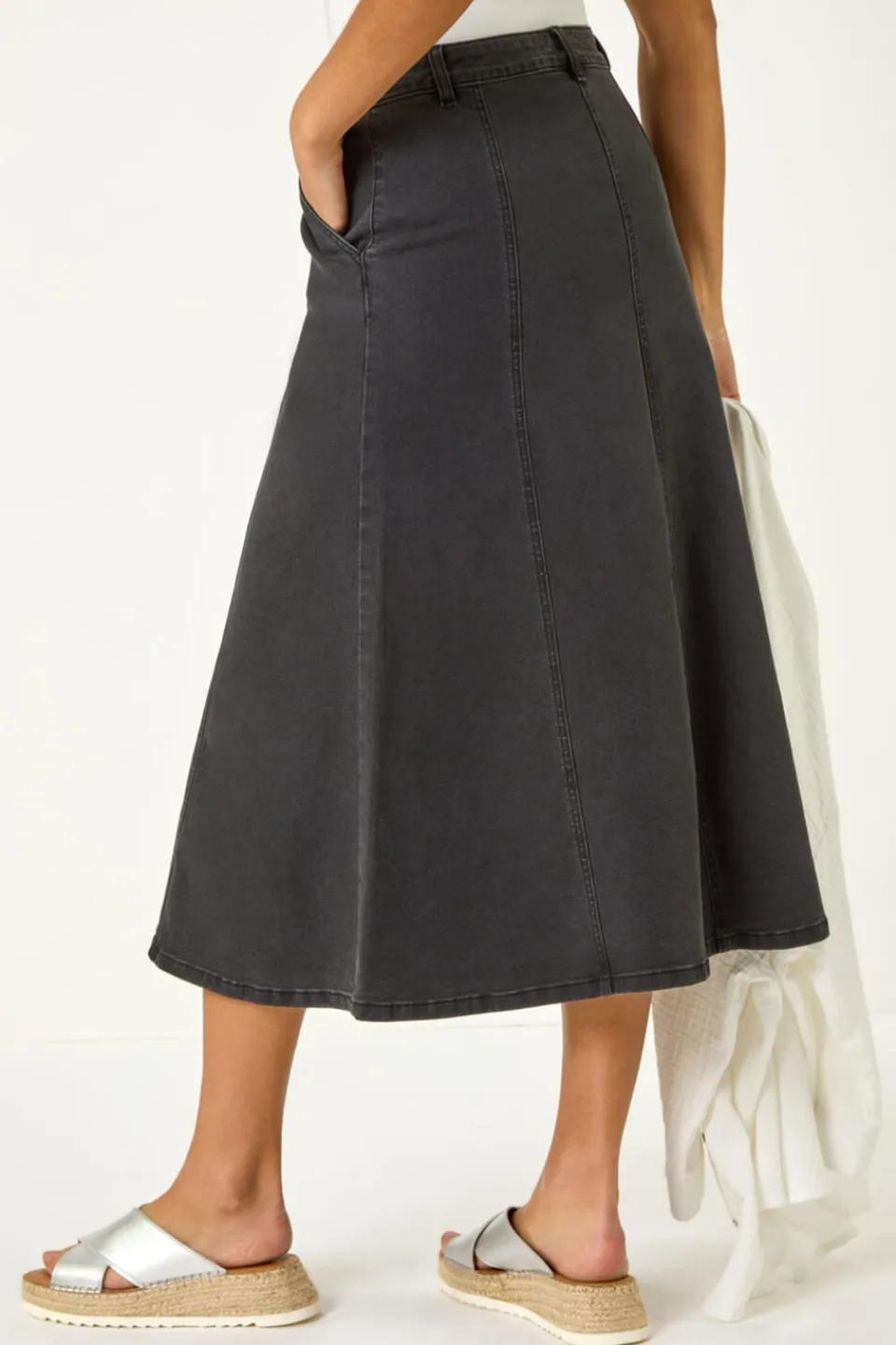 Skirts>Roman Black Cotton Denim Panelled Midi Skirt