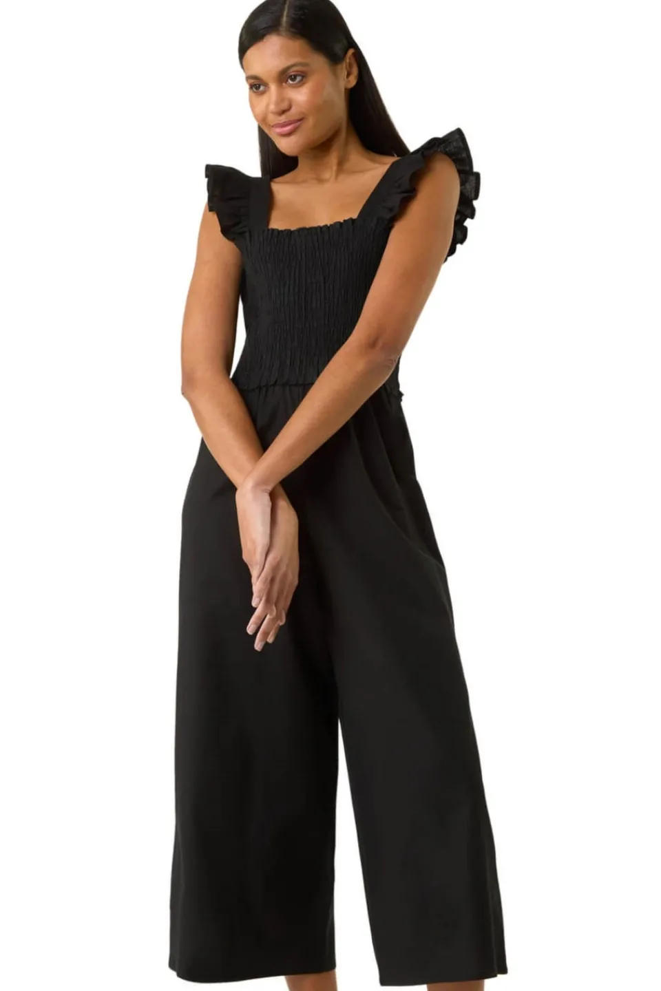 Jumpsuits & Playsuits>Roman Black Cotton Linen Blend Frill Jumpsuit