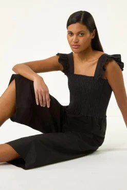 Jumpsuits & Playsuits>Roman Black Cotton Linen Blend Frill Jumpsuit