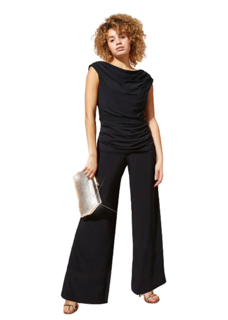 Jumpsuits & Playsuits>Roman Black Cowl Neck Ruched Stretch Jumpsuit