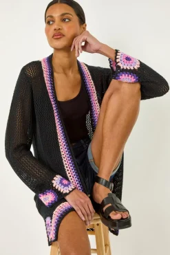 Knitwear>Roman Black Crochet Hem Lightweight Knit Cardigan