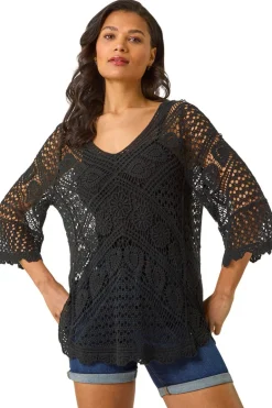 Knitwear>Roman Black Crochet Lace V-Neck Open Knit