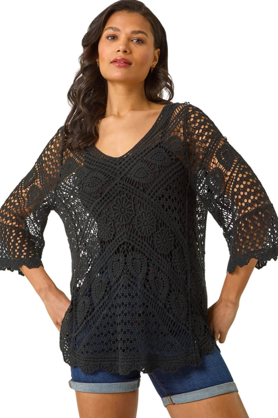 Knitwear>Roman Black Crochet Lace V-Neck Open Knit
