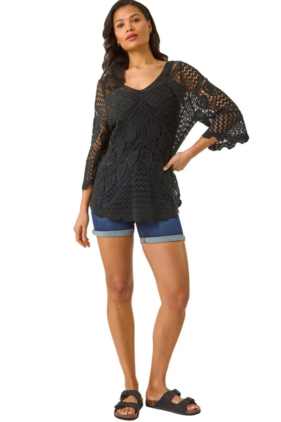 Knitwear>Roman Black Crochet Lace V-Neck Open Knit
