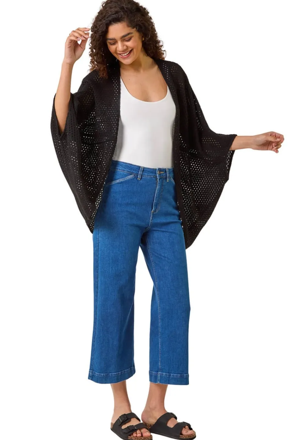 Tops>Roman Black Crochet Tunic Cardigan