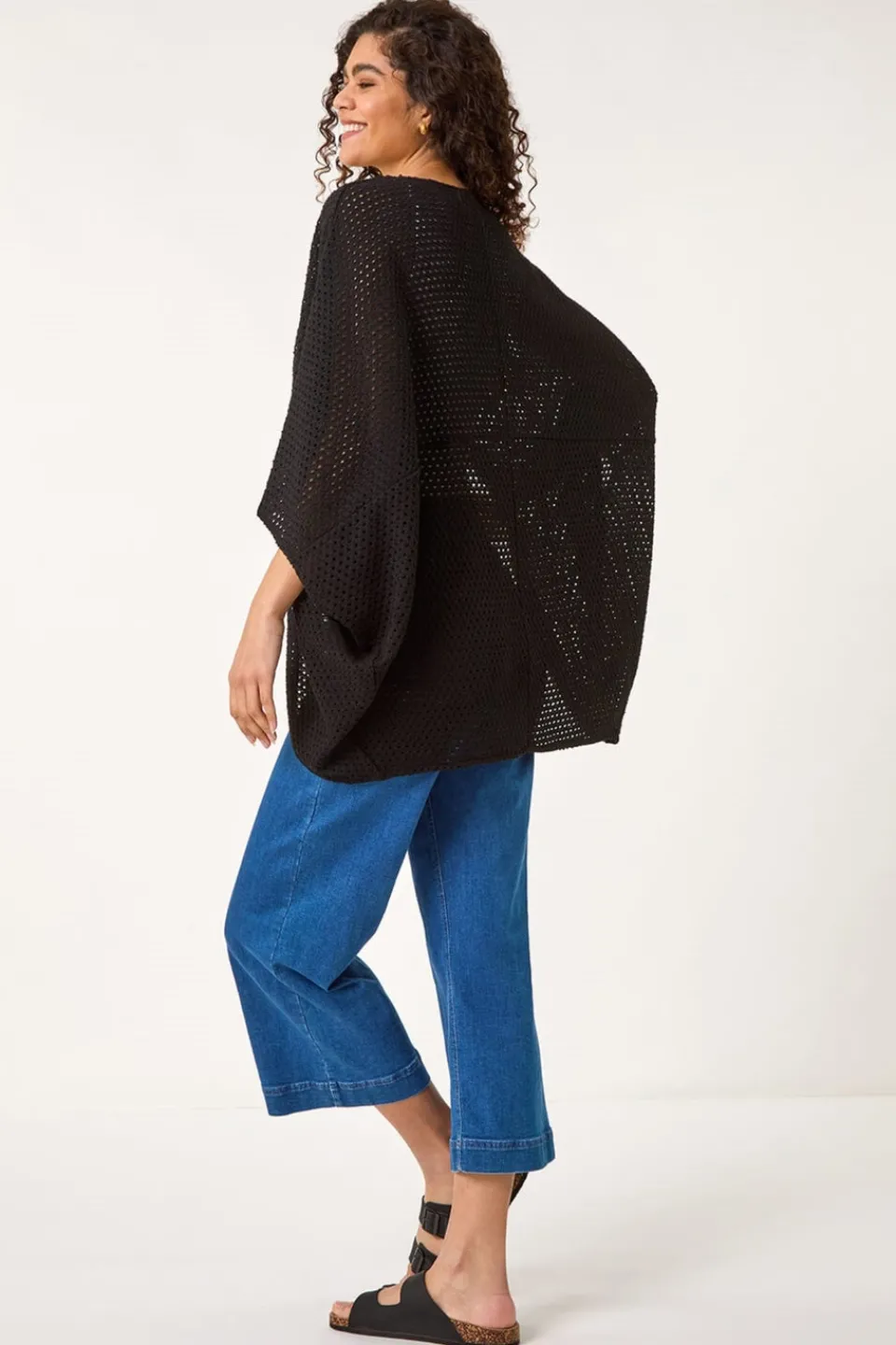 Tops>Roman Black Crochet Tunic Cardigan