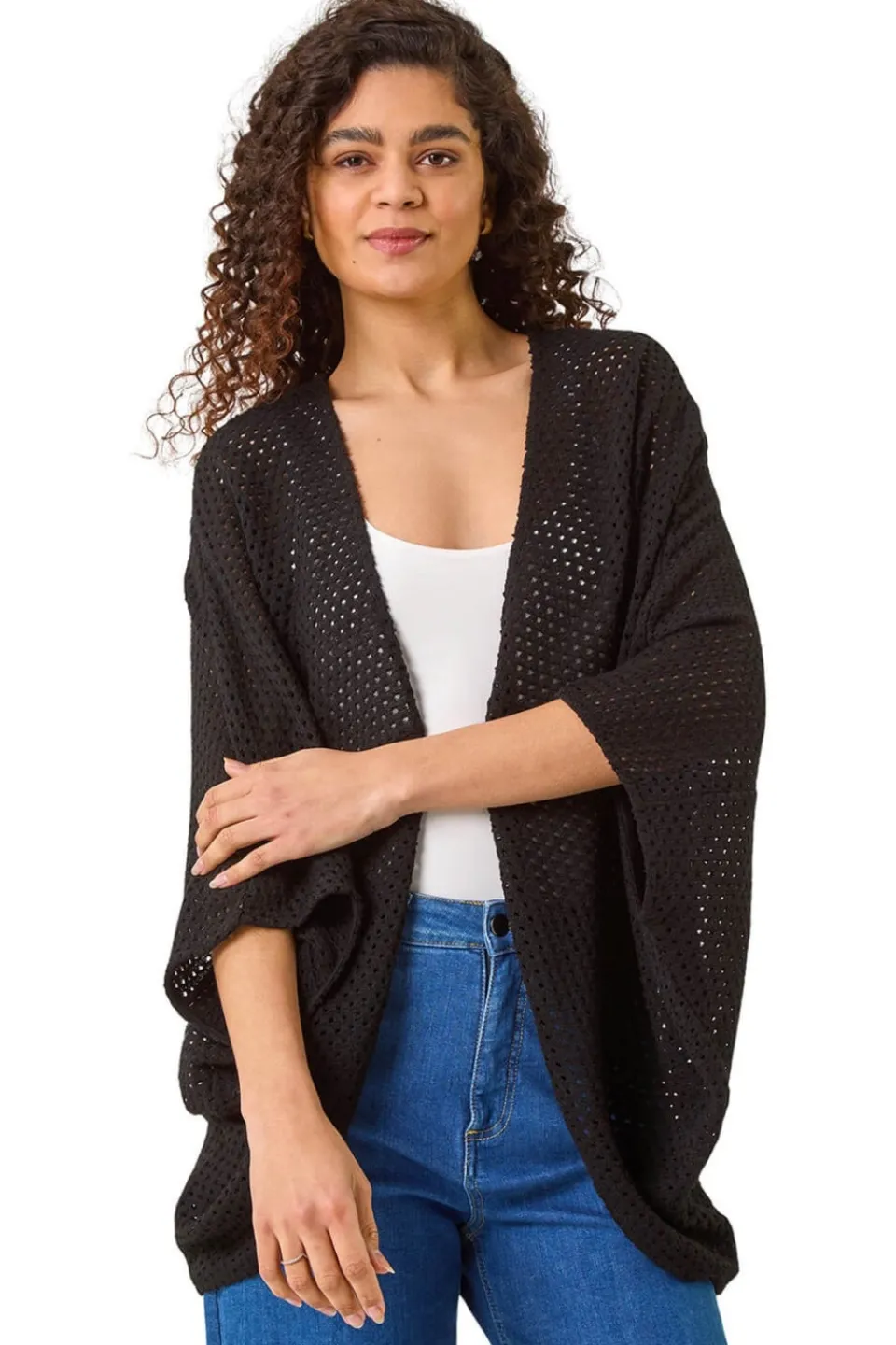 Tops>Roman Black Crochet Tunic Cardigan