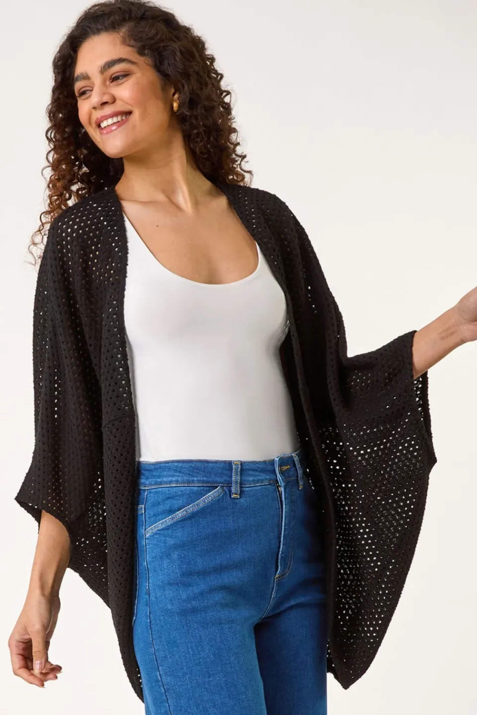 Tops>Roman Black Crochet Tunic Cardigan