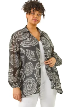 Tops>Roman Black Curve Abstract Print Woven Shirt