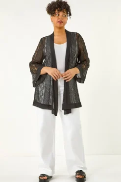 Tops>Roman Black Curve Crochet Knit Cardigan