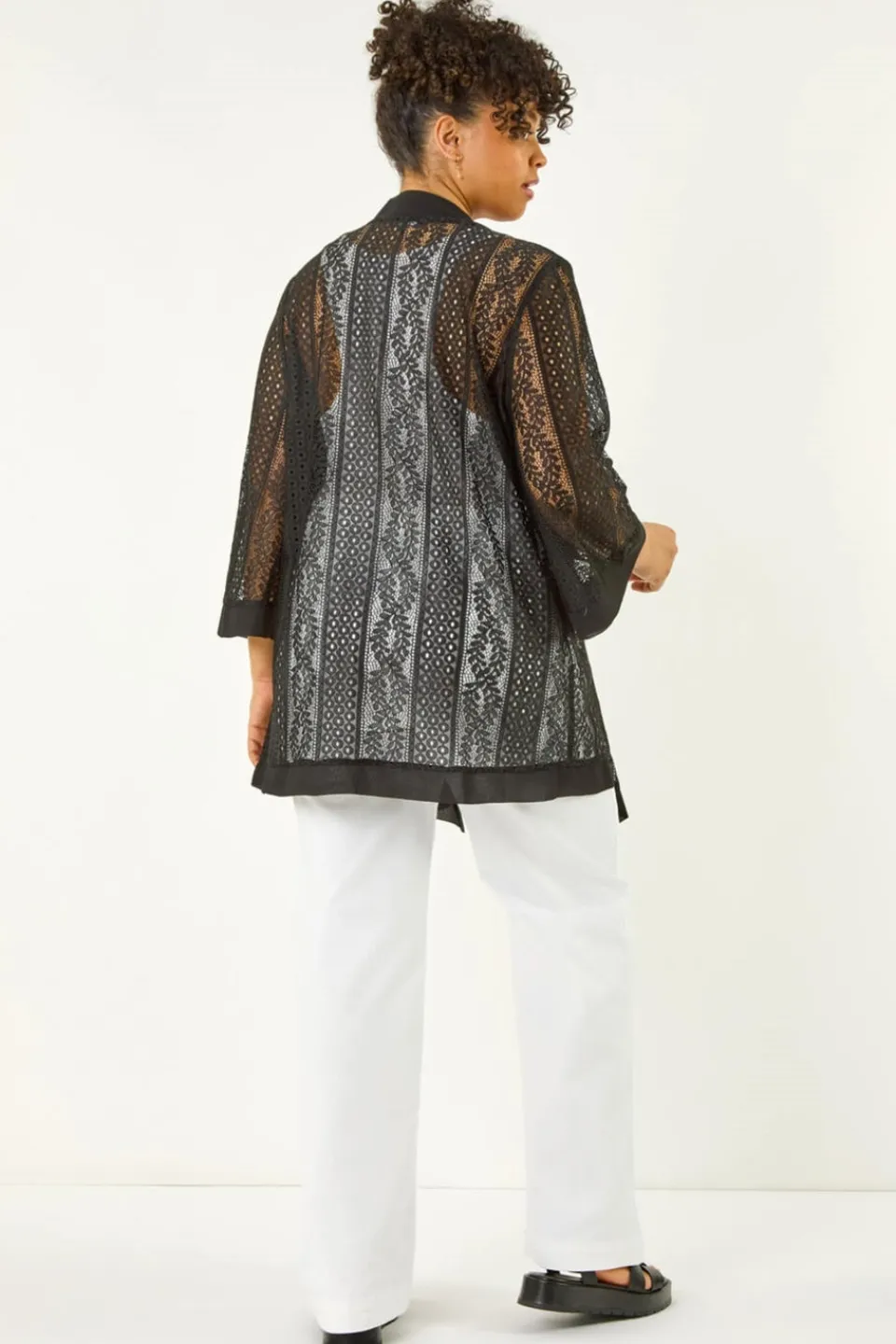Tops>Roman Black Curve Crochet Knit Cardigan