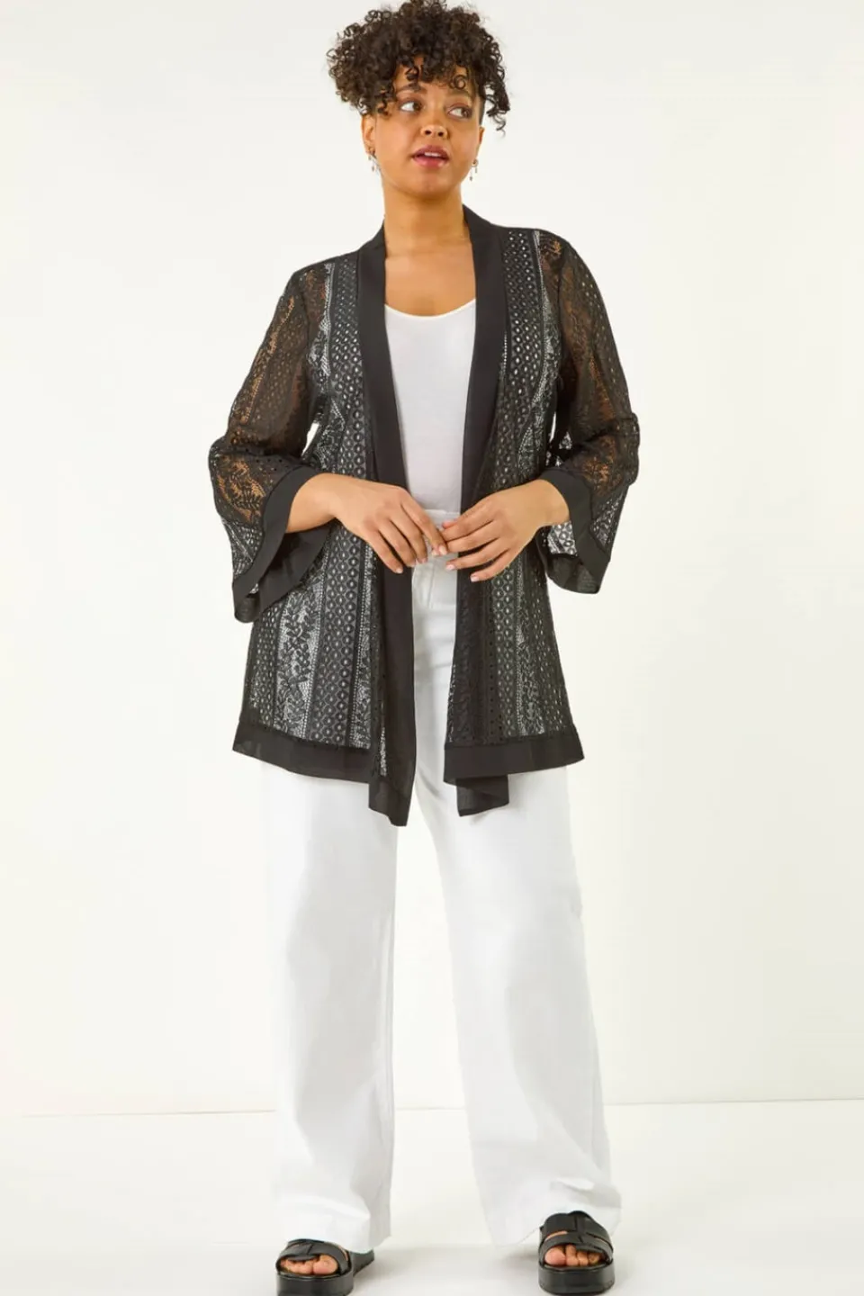 Tops>Roman Black Curve Crochet Knit Cardigan