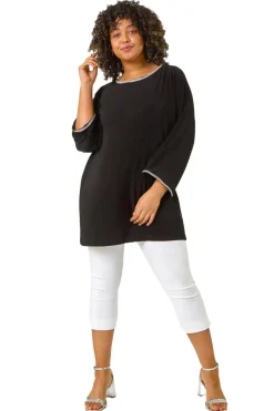 Tops>Roman Black Curve Diamante Trim Stretch Top