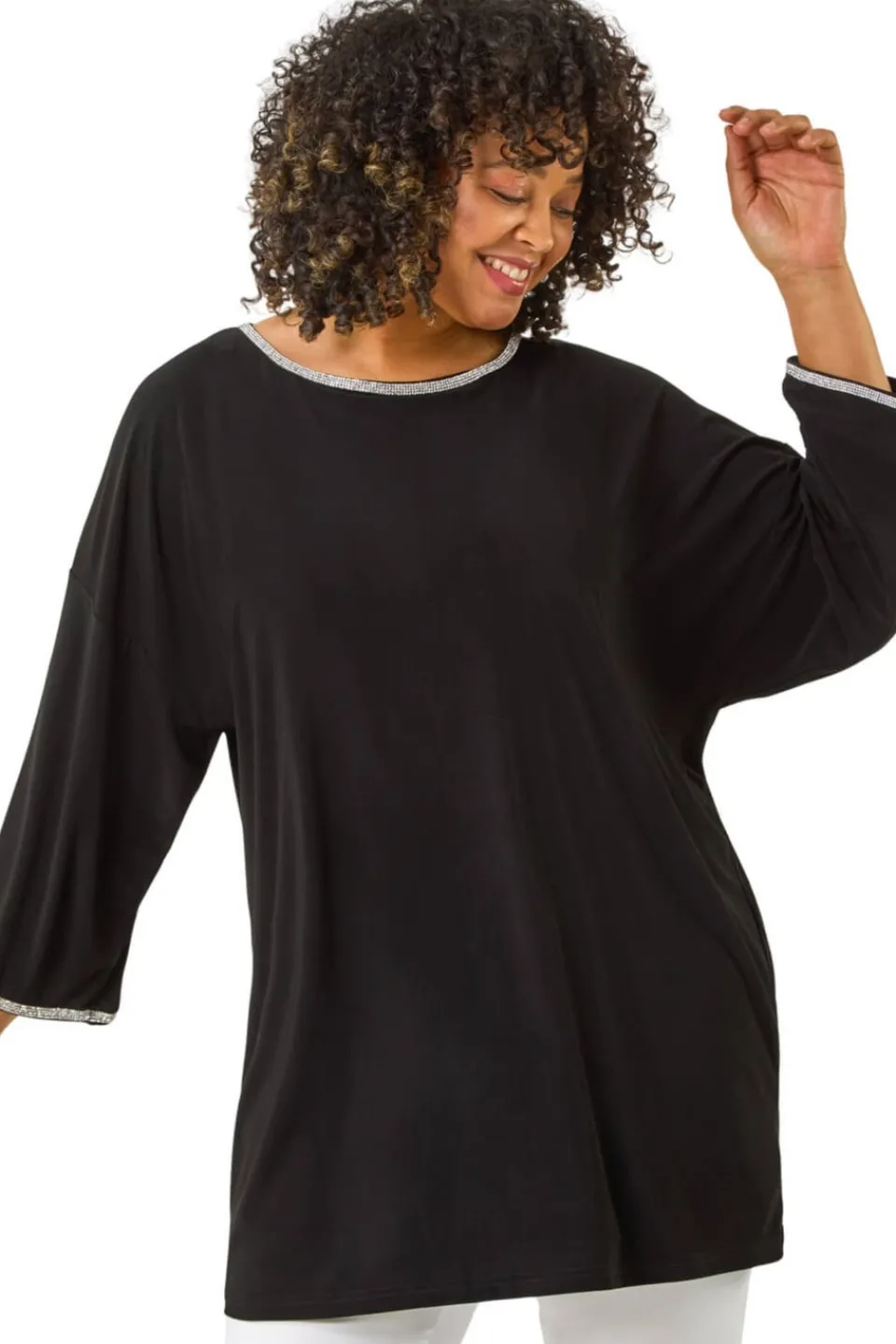 Tops>Roman Black Curve Diamante Trim Stretch Top