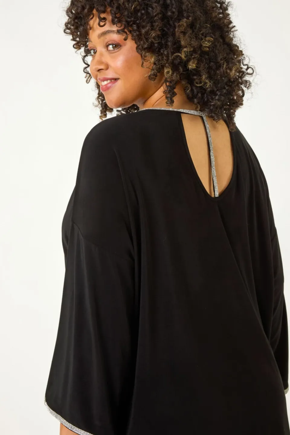 Tops>Roman Black Curve Diamante Trim Stretch Top