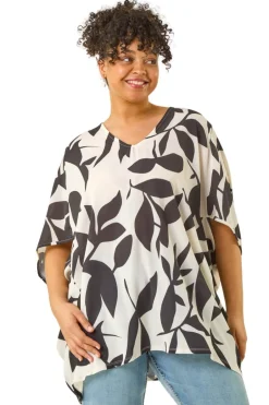 Tops>Roman Black Curve Large Floral Print Cocoon Top