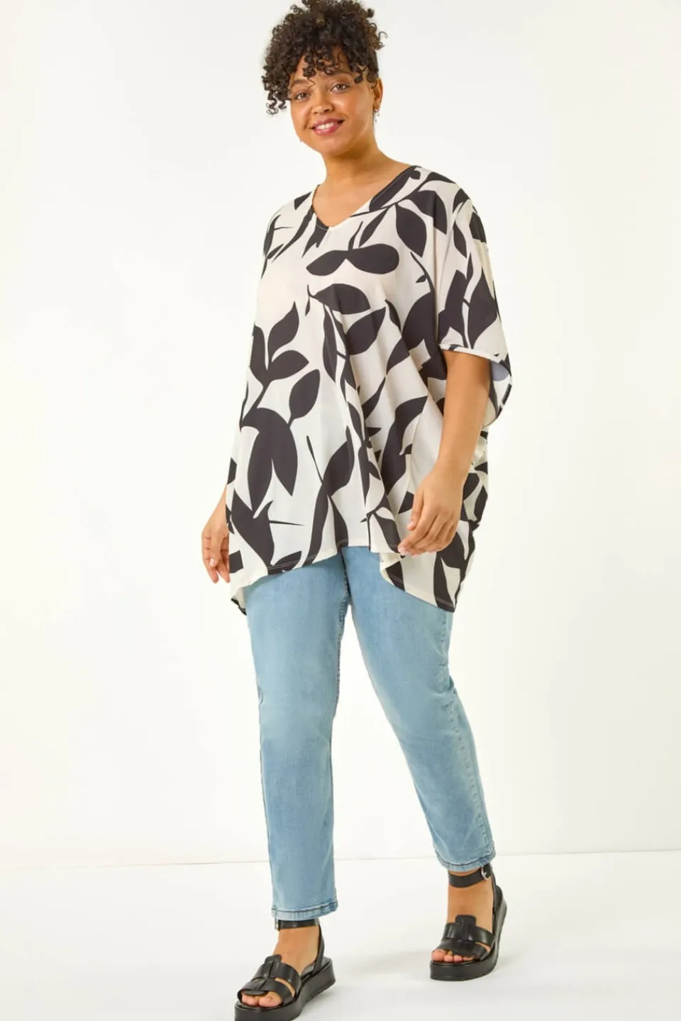 Tops>Roman Black Curve Large Floral Print Cocoon Top