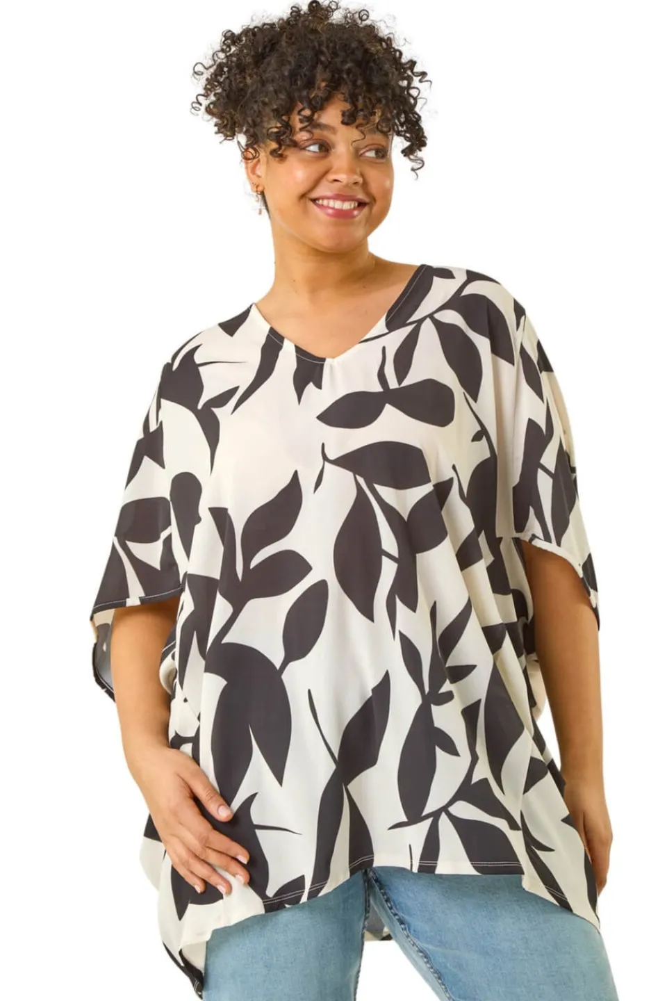 Tops>Roman Black Curve Large Floral Print Cocoon Top