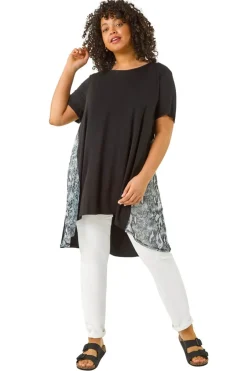 Tops>Roman Black Curve Print Mesh Trim T Shirt