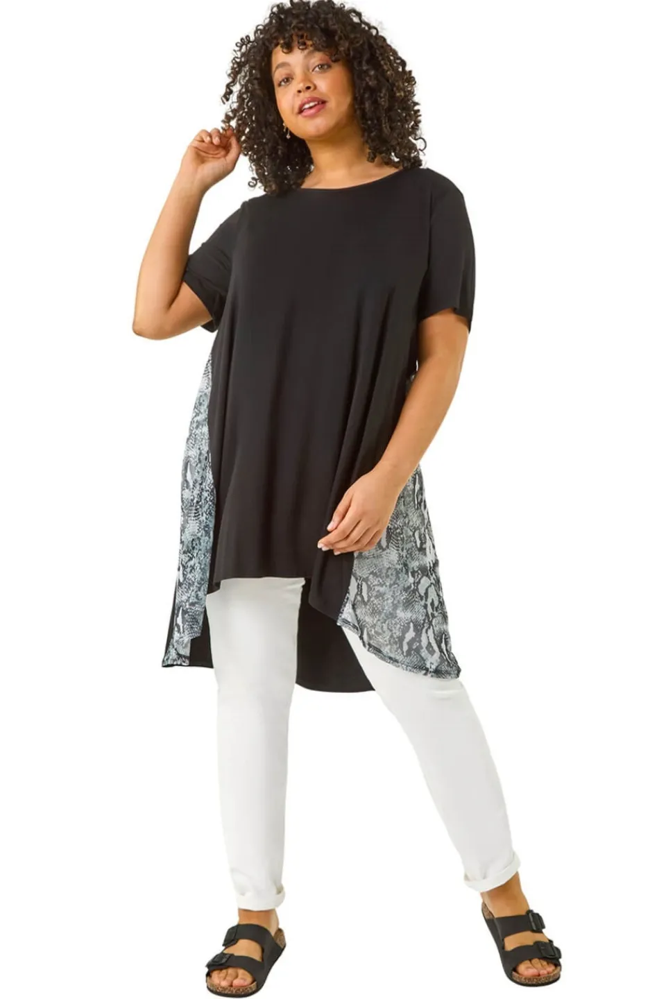 Tops>Roman Black Curve Print Mesh Trim T Shirt