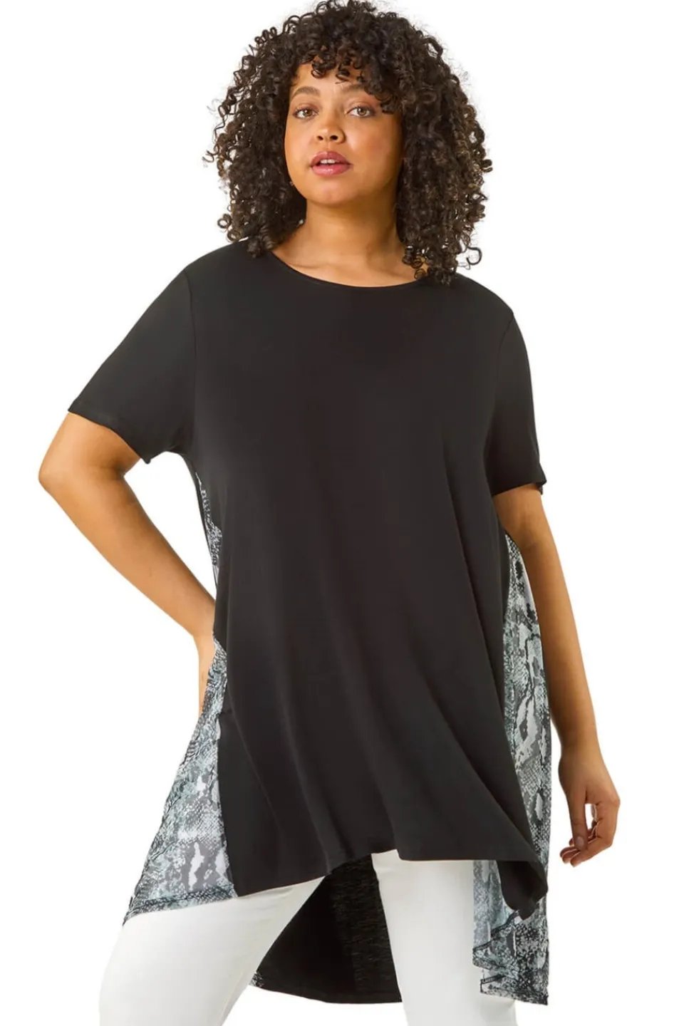 Tops>Roman Black Curve Print Mesh Trim T Shirt