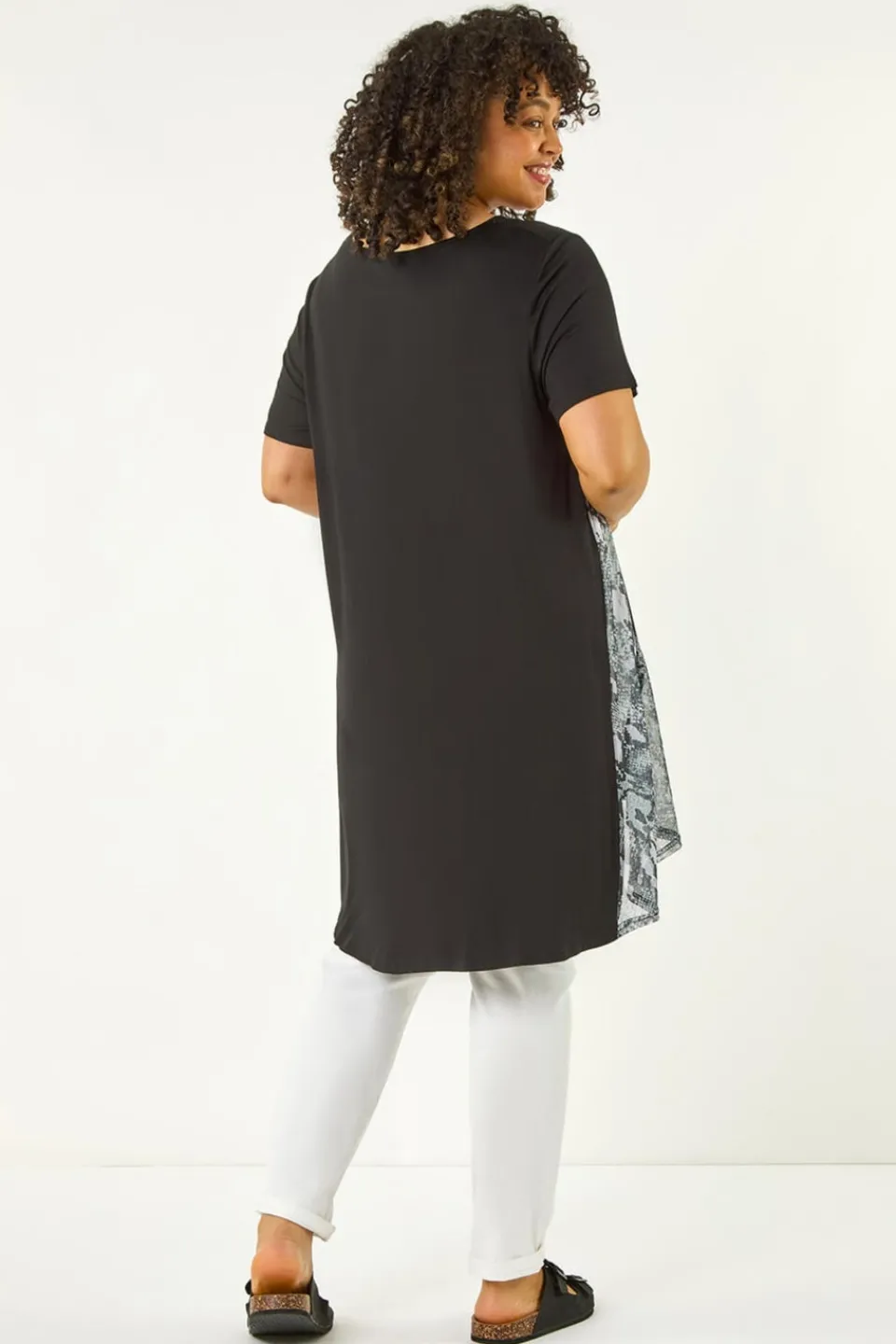 Tops>Roman Black Curve Print Mesh Trim T Shirt
