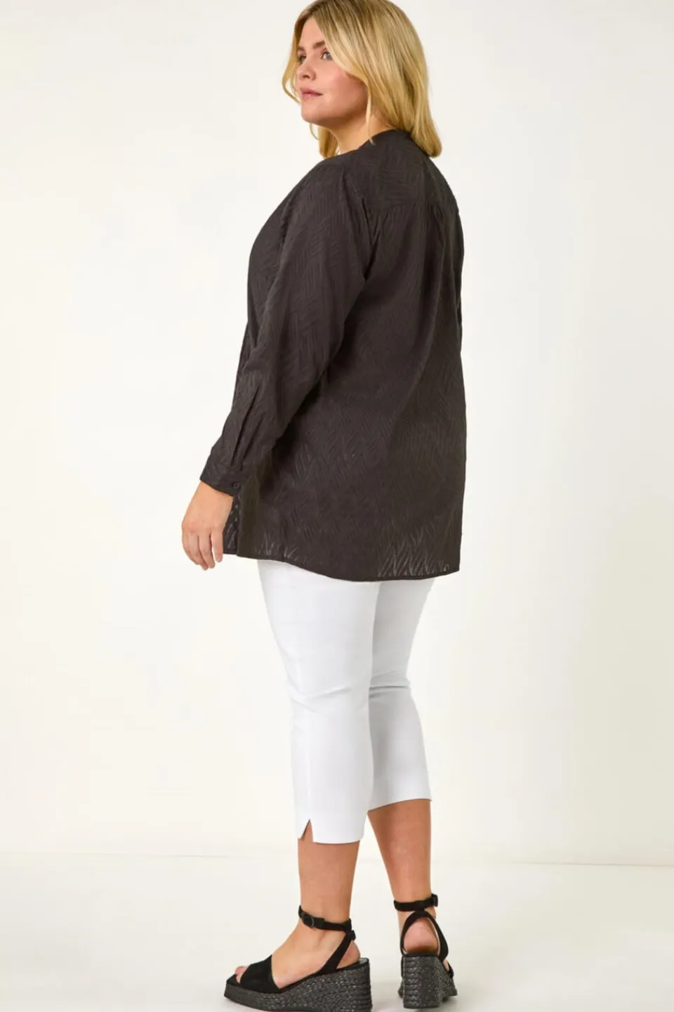 Tops>Roman Black Curve Shimmer Jacquard Blouse