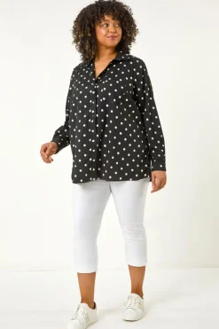 Tops>Roman Black Curve Spot Print Button Shirt