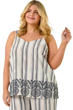 Tops>Roman Black Curve Strappy Broderie Hem Vest
