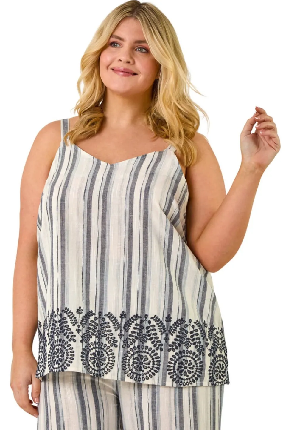 Tops>Roman Black Curve Strappy Broderie Hem Vest
