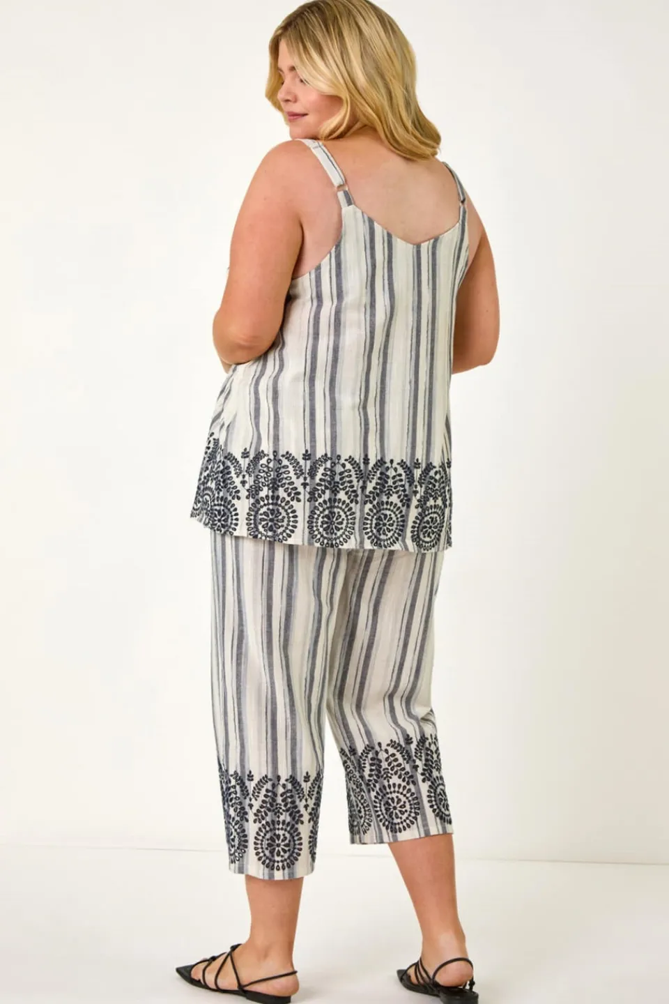Tops>Roman Black Curve Strappy Broderie Hem Vest
