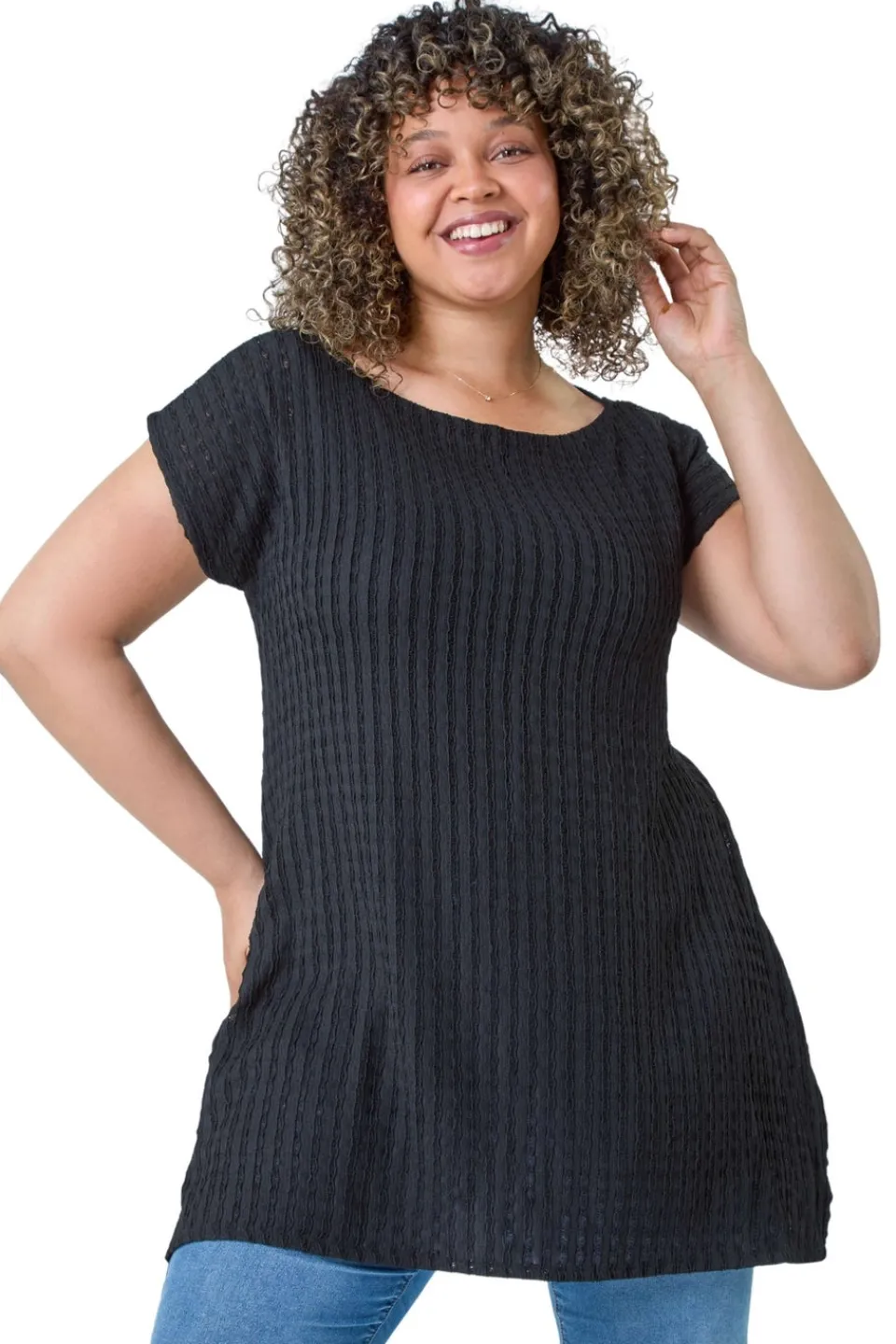 T-Shirts>Roman Black Curve Textured Short Sleeve T-Shirt