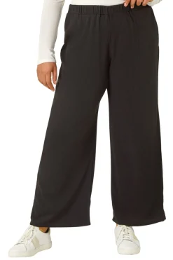 Trousers>Roman Black Curve Textured Elastic Waist Wide Leg Trouser