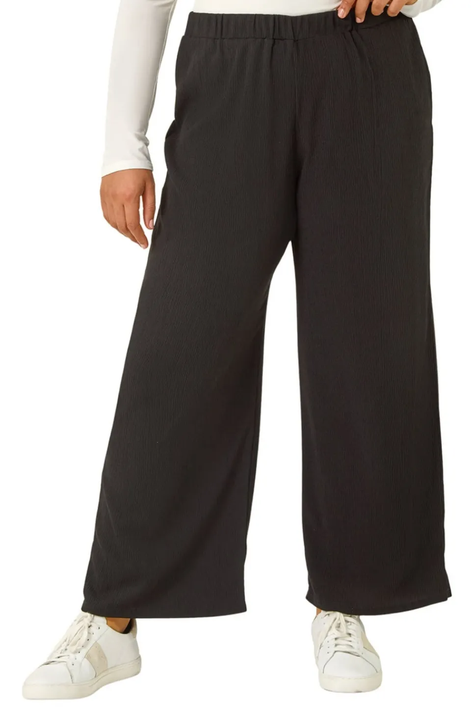 Trousers>Roman Black Curve Textured Elastic Waist Wide Leg Trouser