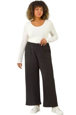 Trousers>Roman Black Curve Textured Elastic Waist Wide Leg Trouser